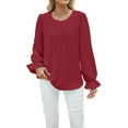 thumbnail image 3 of Women'S Solid Color Round Neck Long Sleeve Loose Chiffon Shirt Top Fashionable and Elegant Pullover Tops Wine Red M, 3 of 9