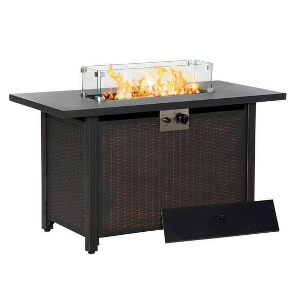 43" Woven Propane Fire Pit Table with Wind Guard & Blue Glass - Outdoor Gas Firebowl for Patio, Deck, Backyard - CSA Certified, 50000 BTU