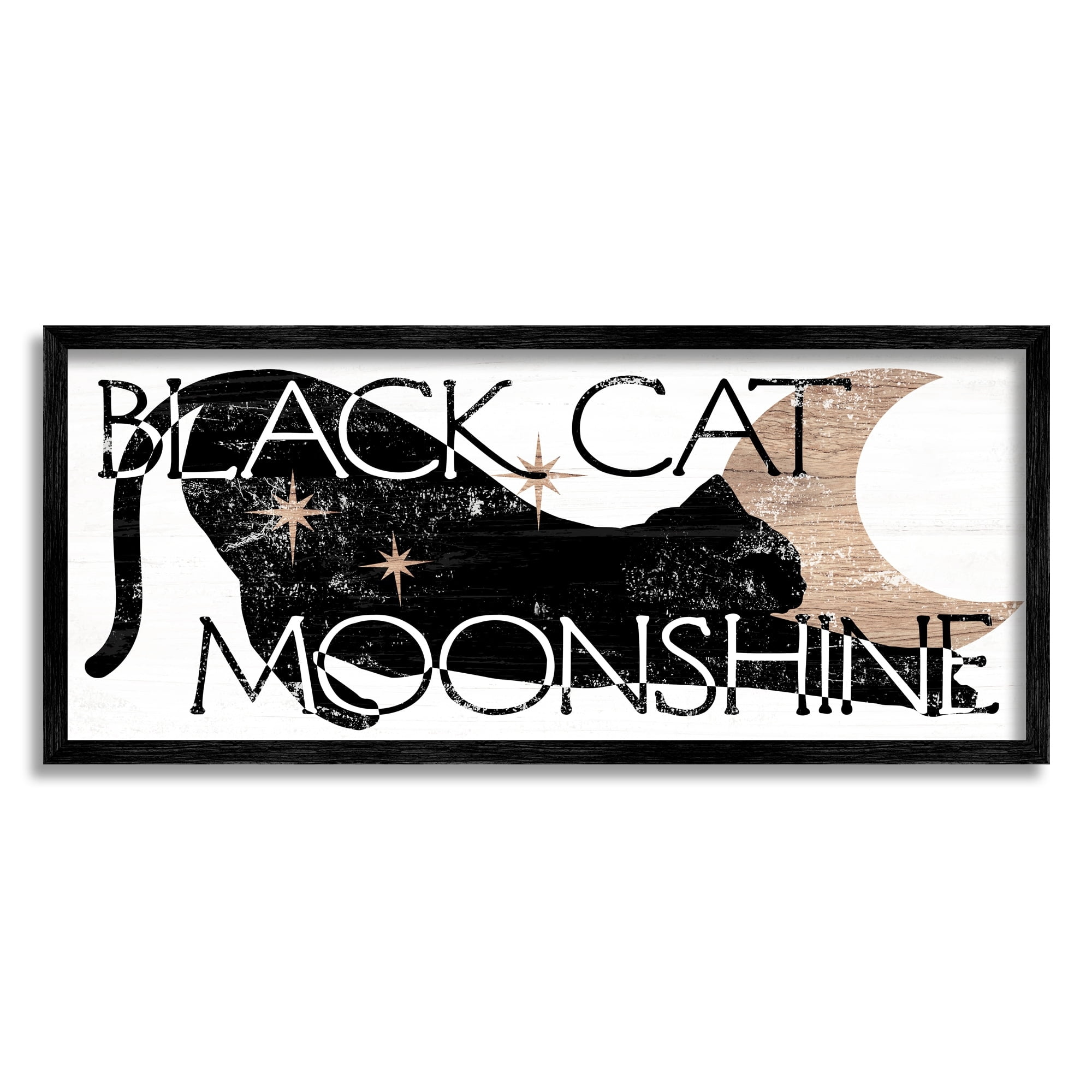 Stupell Industries Black Cat Moonshine Weathered Halloween Moon Sign Graphic Art Gray Framed Art Print Wall Art, Design by Daphne Polselli