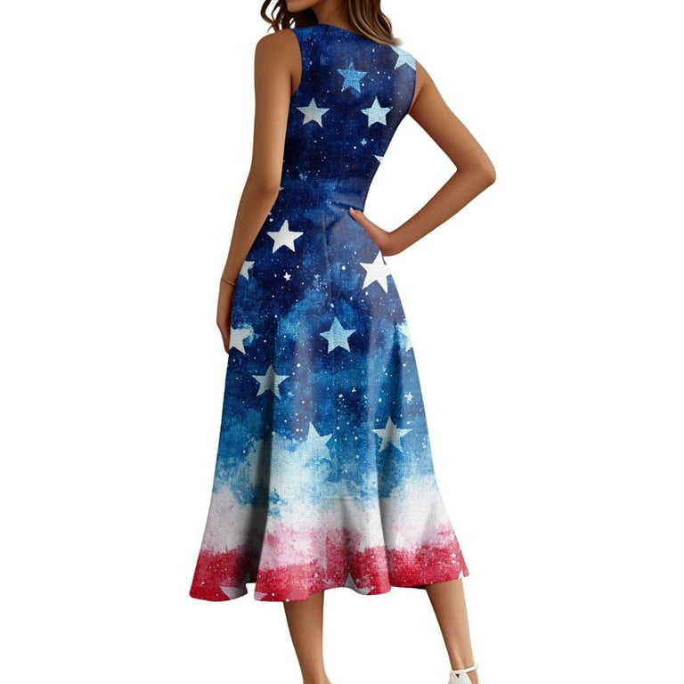 sachin and babi light blue dress Elegant Sleeveless Ruffle Dress Round Neck Zip Front Patriotic Print Formal  Cocktail Dress with A-Line Silhouette for Evening Events,Blue 2XL