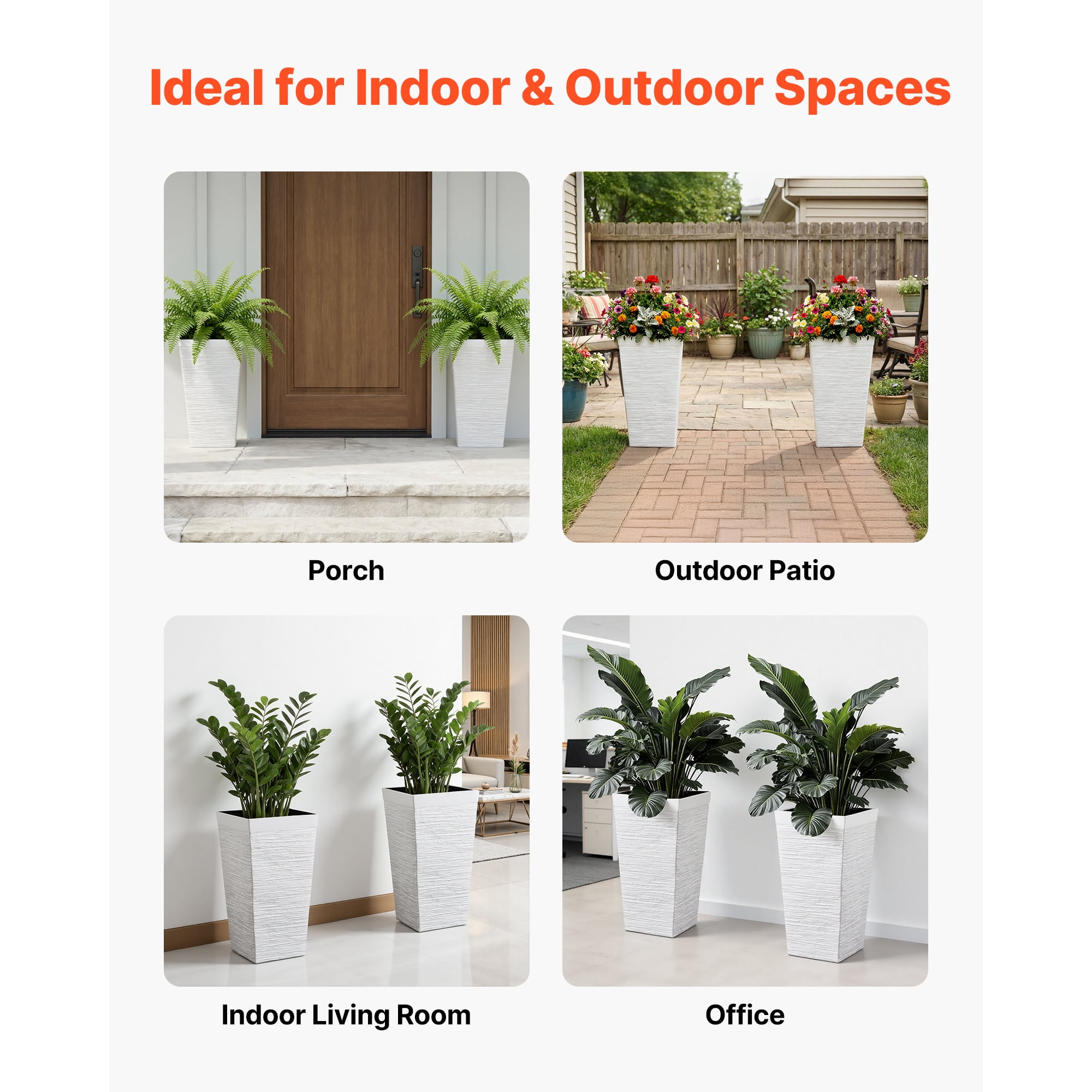 KFFKFF Set of 2 Tall Planters, 23in Large Tapered Pots for Indoor and Outdoor Use, Modern Plastic Flower Containers with Wheels, Inner Pot, and Drainage Holes for Patio, Garden, and Porch, White