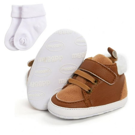 

Baby Boys Girls High Tops Ankle Sneakers Soft Anti-Slip Sole PU Leather Infant Newborn Prewalker First Walking Shoes with Socks 0-18M Brown M