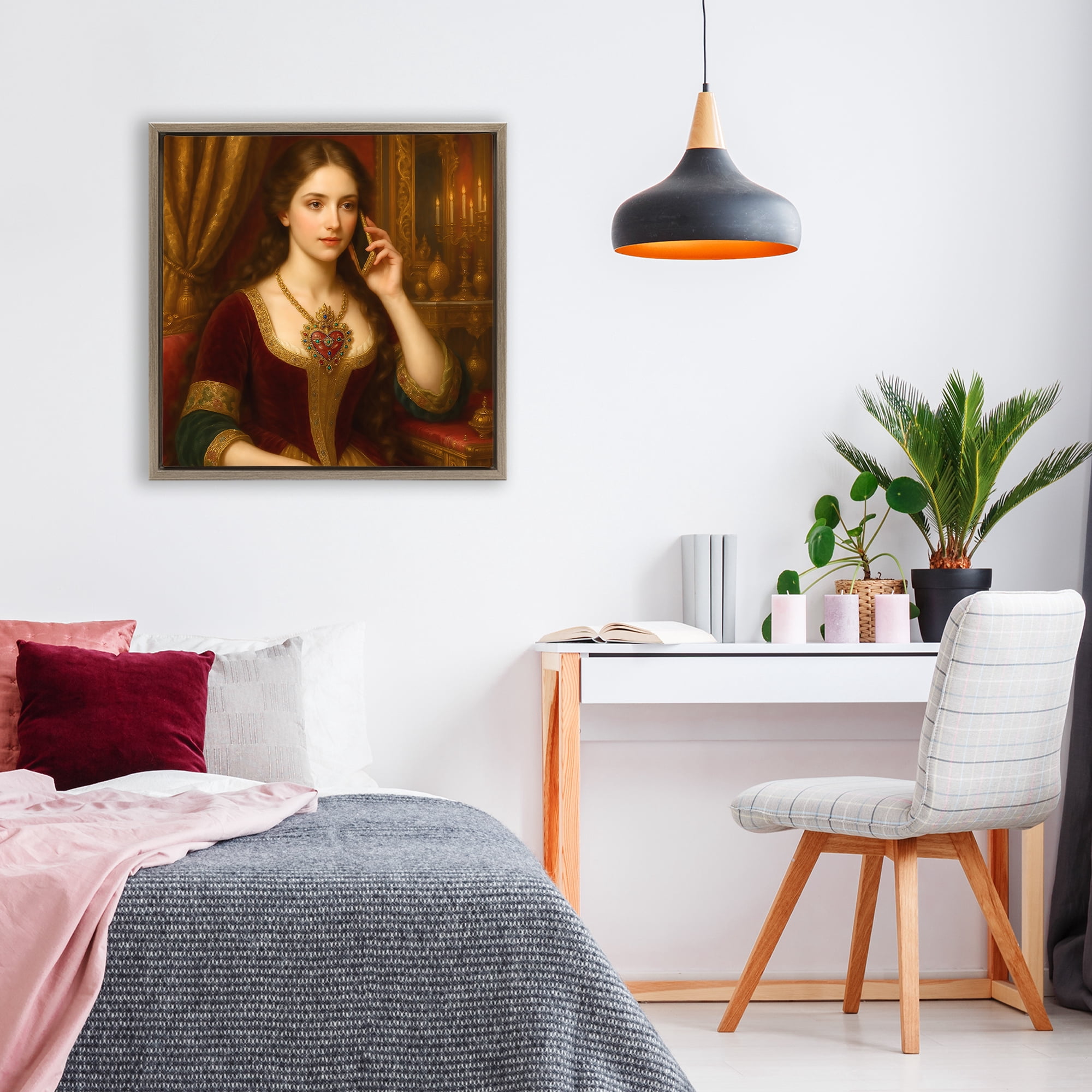 Stupell Industries Rococo Woman with Cell Phone Brown Framed Floater Canvas Wall Art, design by Grotto Studios