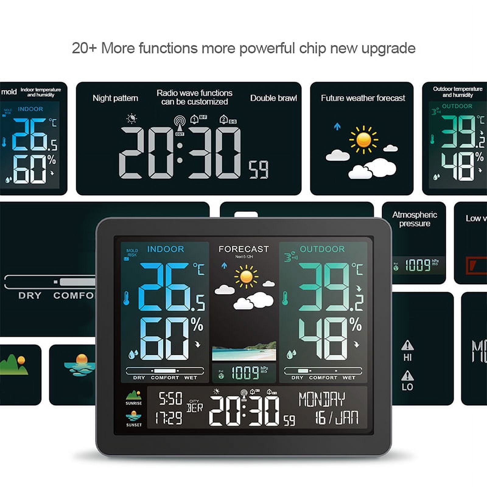 Multifunction Weather Station Alarm Clock Color Screen Sunrise and Sunset Thermometer Hygrometer with Wireless Outdoor Sensor ,High Precision