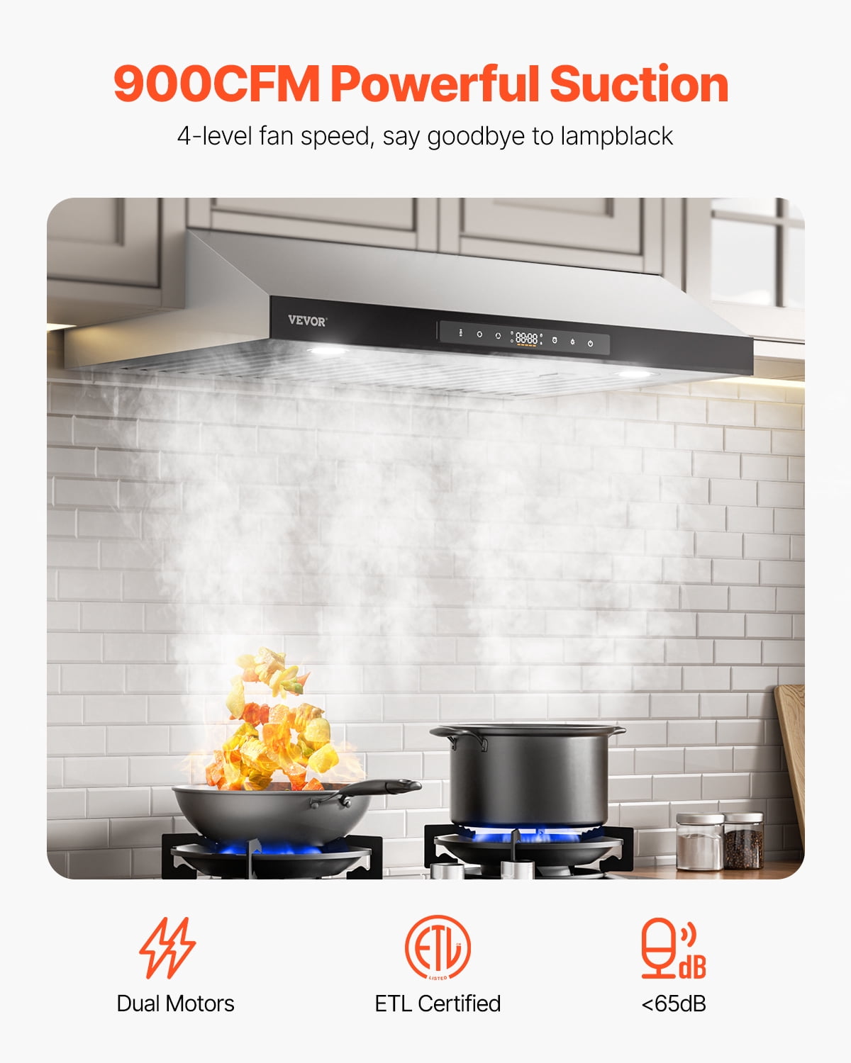 VEVOR Under Cabinet Range Hood, 30 Inch Kitchen Vent Hood, 900CFM Dual Motors Stainless Steel Stove Hood, with Gesture & Touch Control, LED Light, and 4-Speed Exhaust Fan