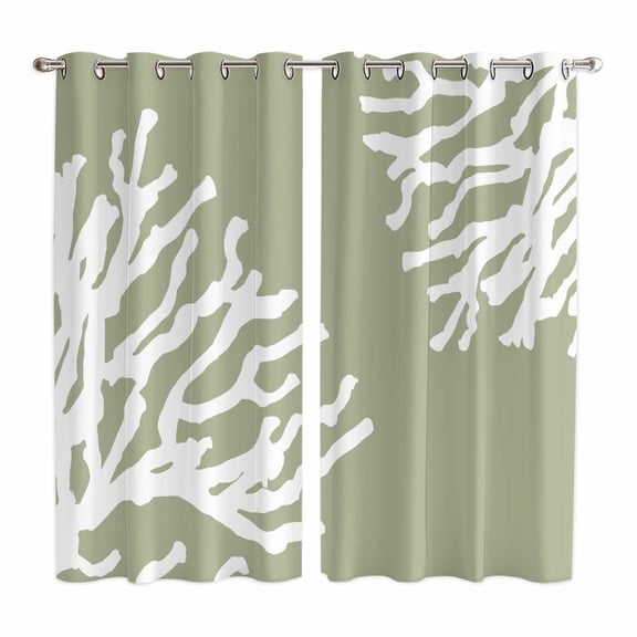 Coral Sage Green Kitchen Curtains 63 Inch Length, Coastal White Ocean Marine Nautical Beach Grommet Top Bedroom Living Room Curtains, Light Filtering Cafe Curtain Drapes 2 Panels Set 84''x63''