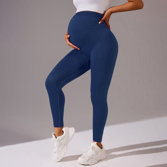LJEFF Maternity Leggings, Over Belly Tummy Control 4-Way Stretch Butt Lift Yoga for Pregnant Navy