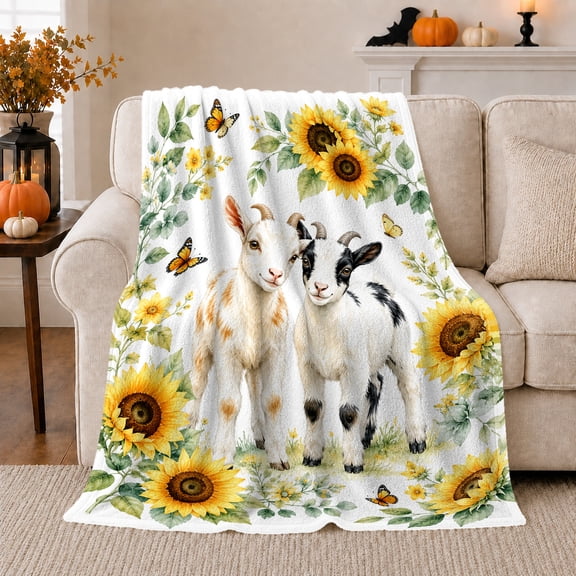 Two Young Goats Surrounded By Sunflowers And Butterflies, Soft Flannel Blanket with Pastoral Watercolor Illustration Print, Housewarming Gift and Home Decor for Bedroom and Living Room