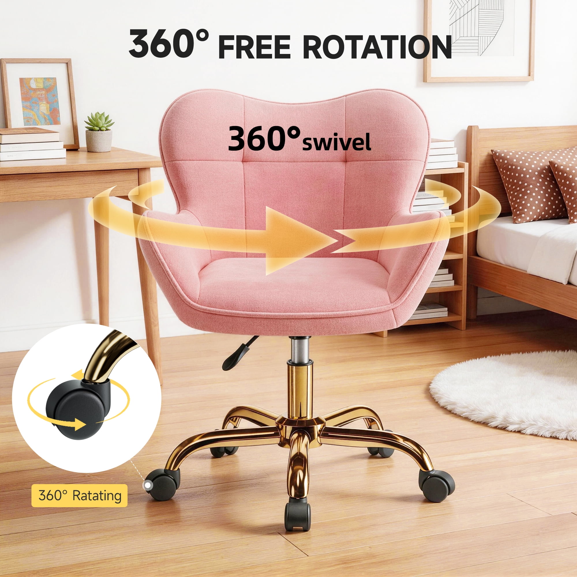COOHUT Velvet Vanity Chair, Mackup Chair with Wheels, Comfy Swivel Modern Leisure Armchair for Girls Women, Small Office Chair Height Adjustable for Living Room, Bedroom, Offic, Pink