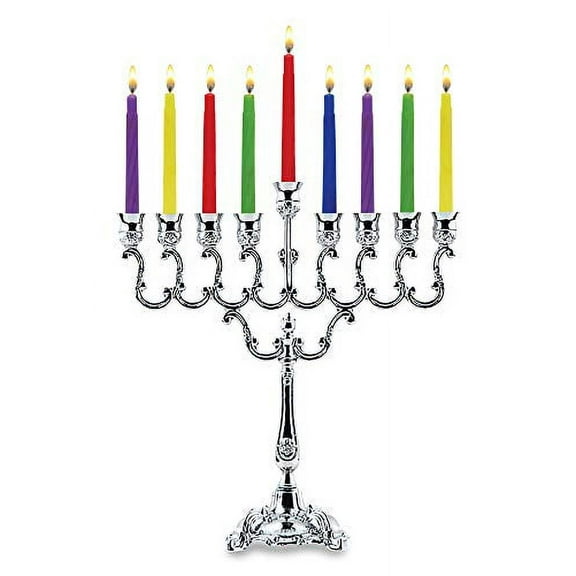 Ner Mitzvah, 7.25" High, Silver Plated Hannukah Oil Cups And Large Candles Menorah - Curved Branches Style