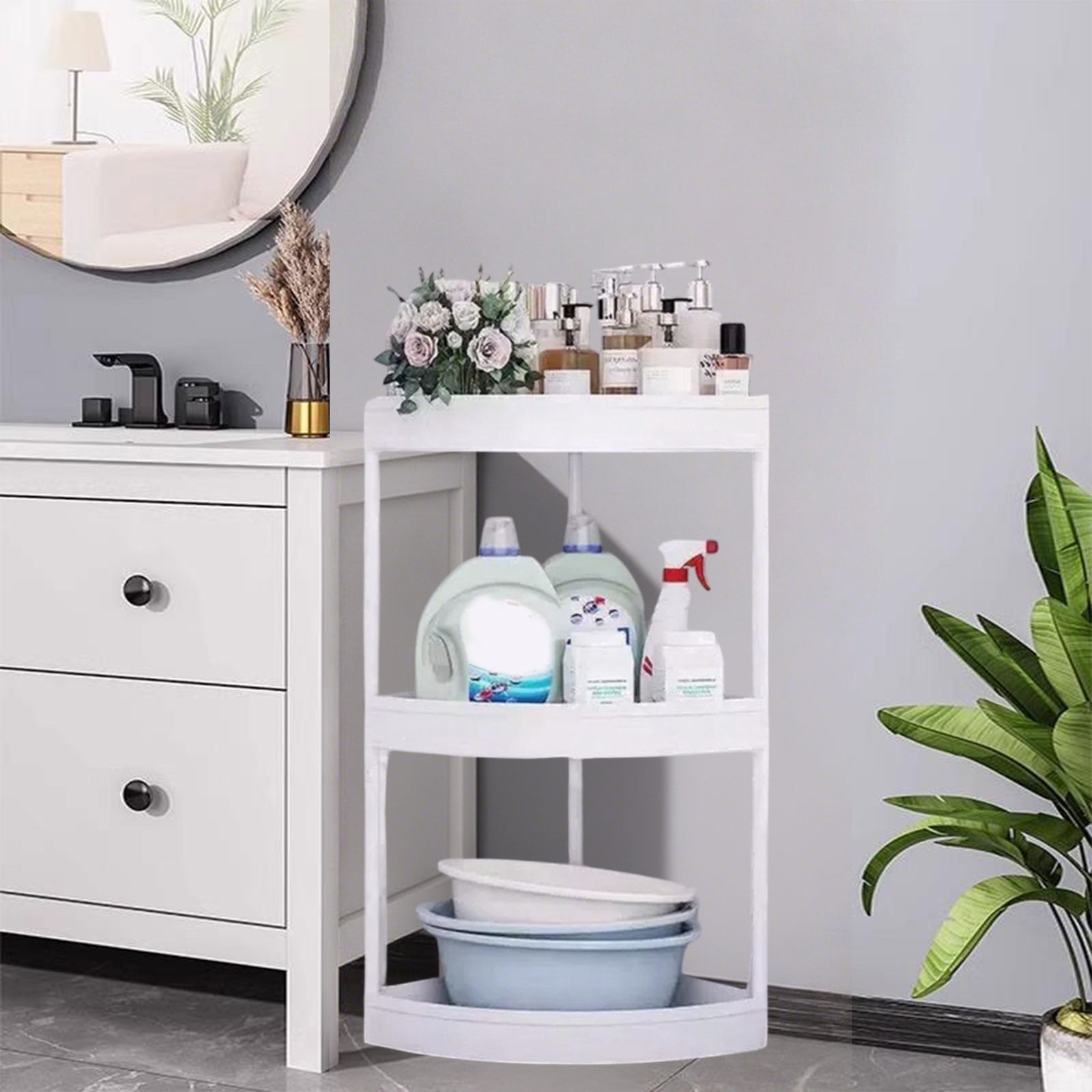 Zzbeans Bathroom Corner Storage Shelf, Removable Roller Floor Standing Toilet Organizer, Hollow-Out Drainage Tripod Shelves for Kitchen Crevice Glass Door Wall, White
