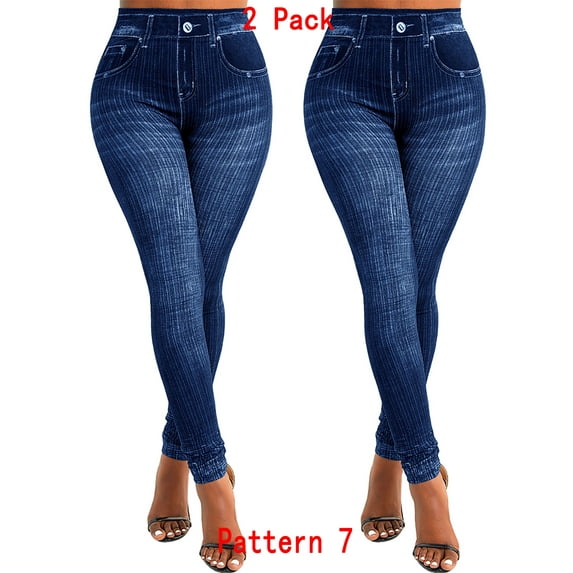Gvmfive Women Casual Imitation Denim Print Jeggings Skinny Leggings Pants, 2/3/4 Pack