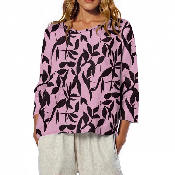 Fashion Women's Casual Printed Round Neck 3/4 Sleeve T-shirt Loose And Comfortable Tops, All-Over Print Blouse with Curved Hem for Summer and Daily Wear, Soft Fabric