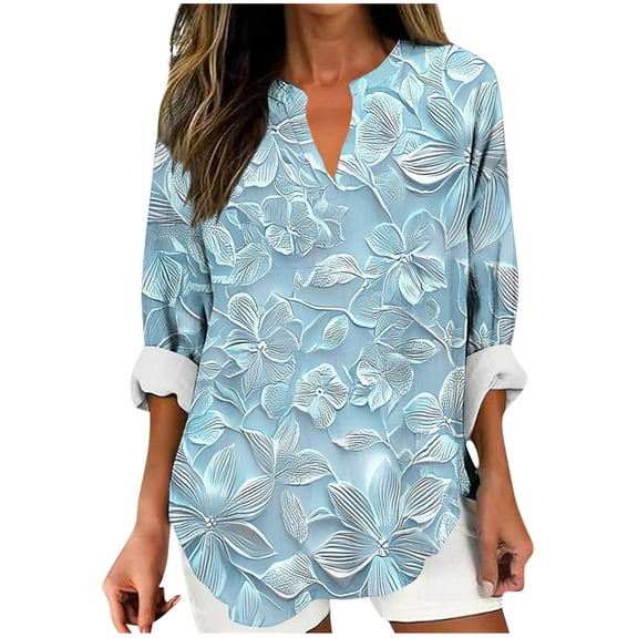 Taqqpue Women Long Sleeve Shirt Casual Floral Print V Neck T Shirts Flowy Loose Fit Plus Size Tunic Tops
