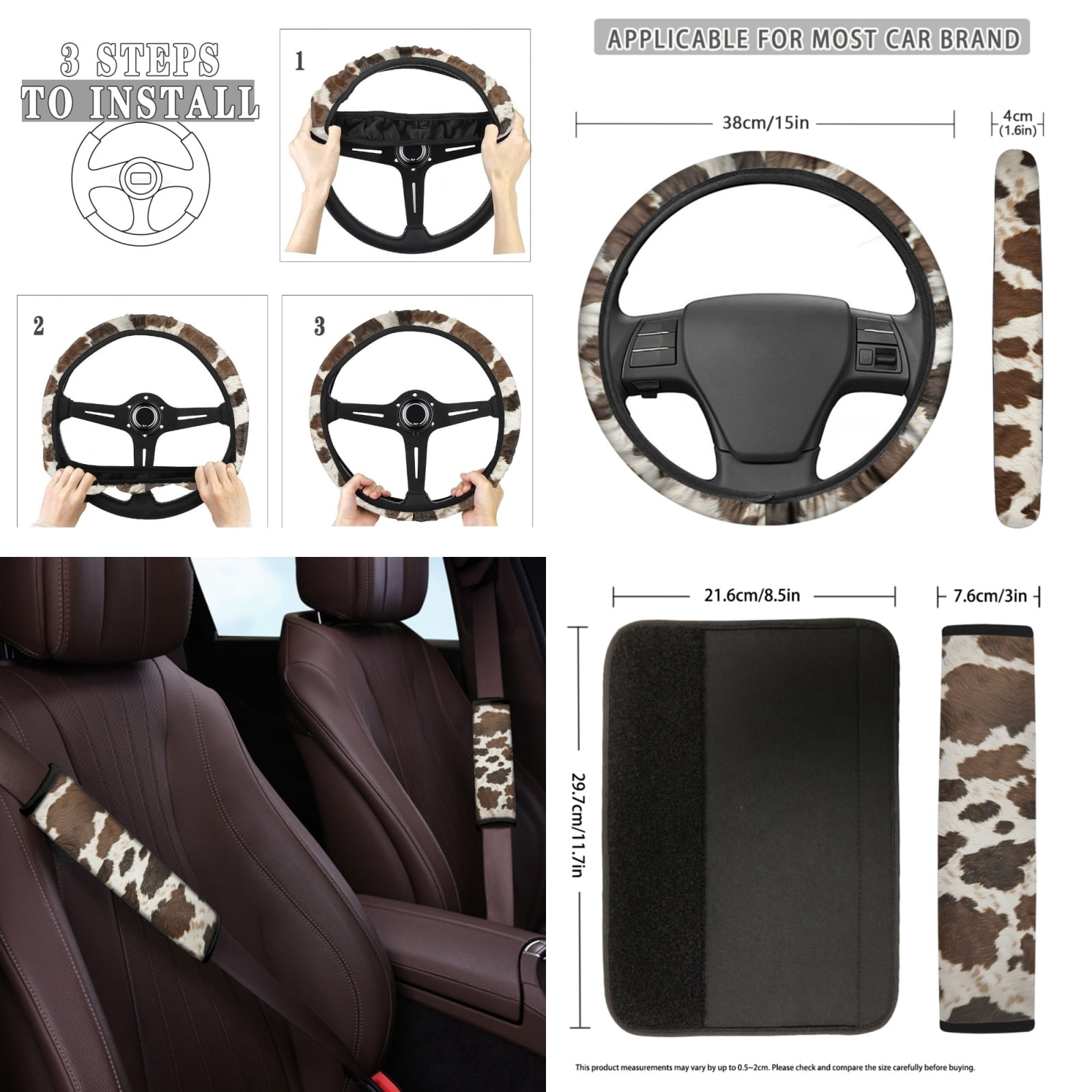 Yuyamidu 12 Pieces Car Seat Covers and Steering Wheel Cover Brown Cow Print Auto Seat Belt Strap Pad Cute Car Coasters Wrist Key Chain Chapstick Holder Keychain