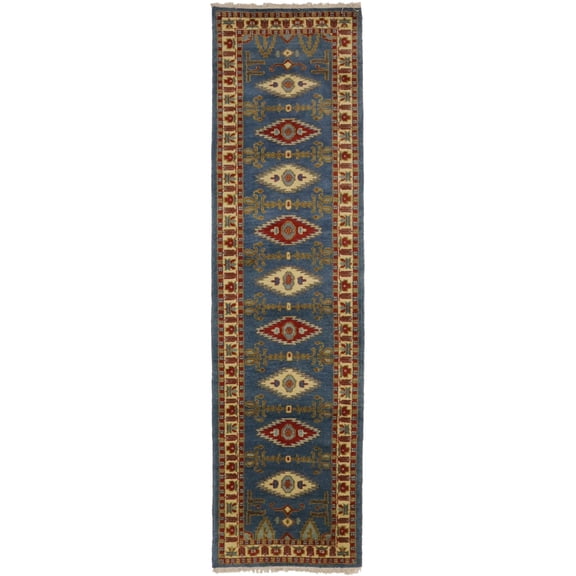 Blue Geometric 3X10 Kazak Oriental Runner Rug