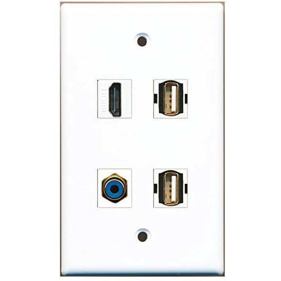 RiteAV - 1 Port HDMI 1 Port RCA Blue 2 Port USB A-A Wall Plate