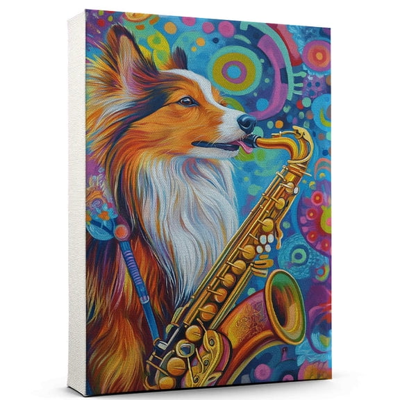 Shetland Sheepdog Dog Stretched Canvas Size 8x12 Saxophone Canvas – Cute Shetland Sheepdog Canvas Wall Art of Puppy Playing Saxophone, Perfect for Dog and Music Fans