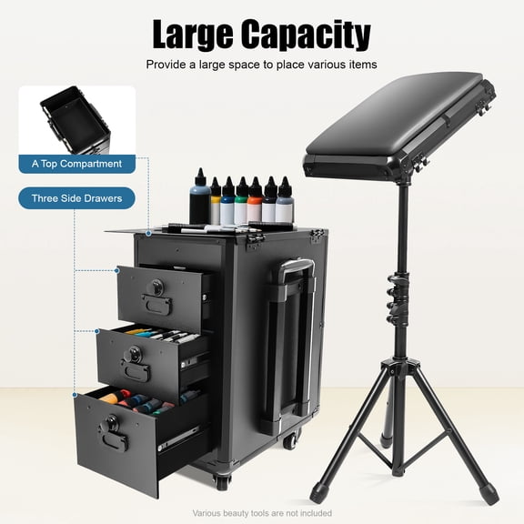 3-Drawer Rolling Makeup Case 44 lbs Capacity Black Professional Beauty Trolley with Removable Tripod & Metal Top