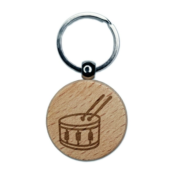 Drum with Sticks Music Instrument Doodle Round Keychain Charm Tag - Engraved Wood