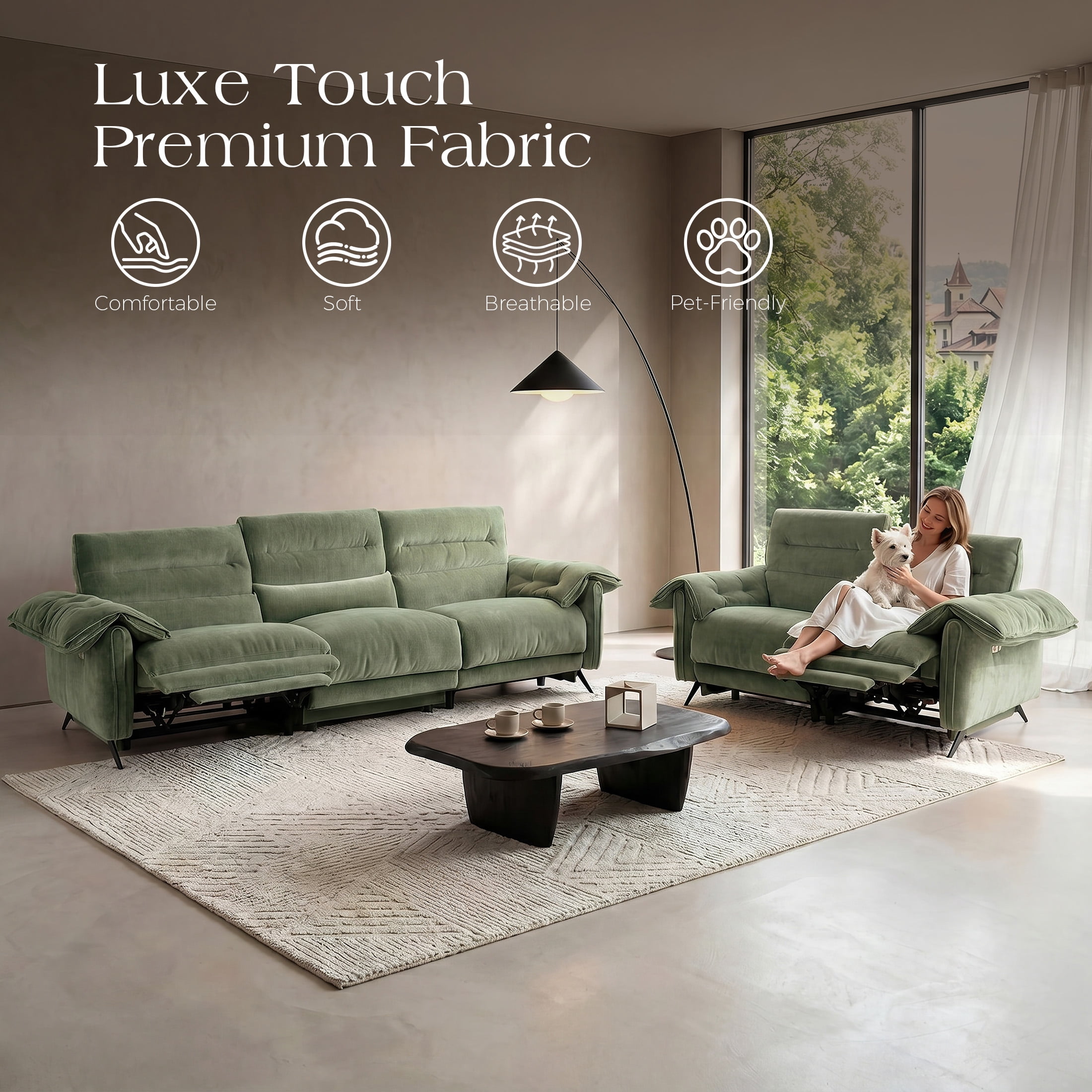 Aenkyo 2-Piece Power Reclining Sofa Set with USB Ports, Loveseat and Sofa, Green