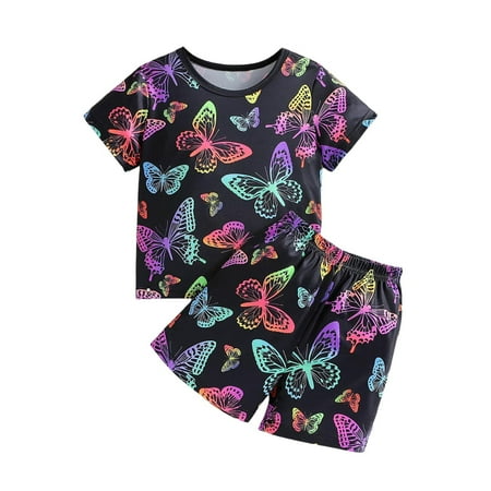 

Girl Outfits Summer Short Sleeve Pattern Tops and Shorts 2Pcs Cute Casual Style Suits for Kids