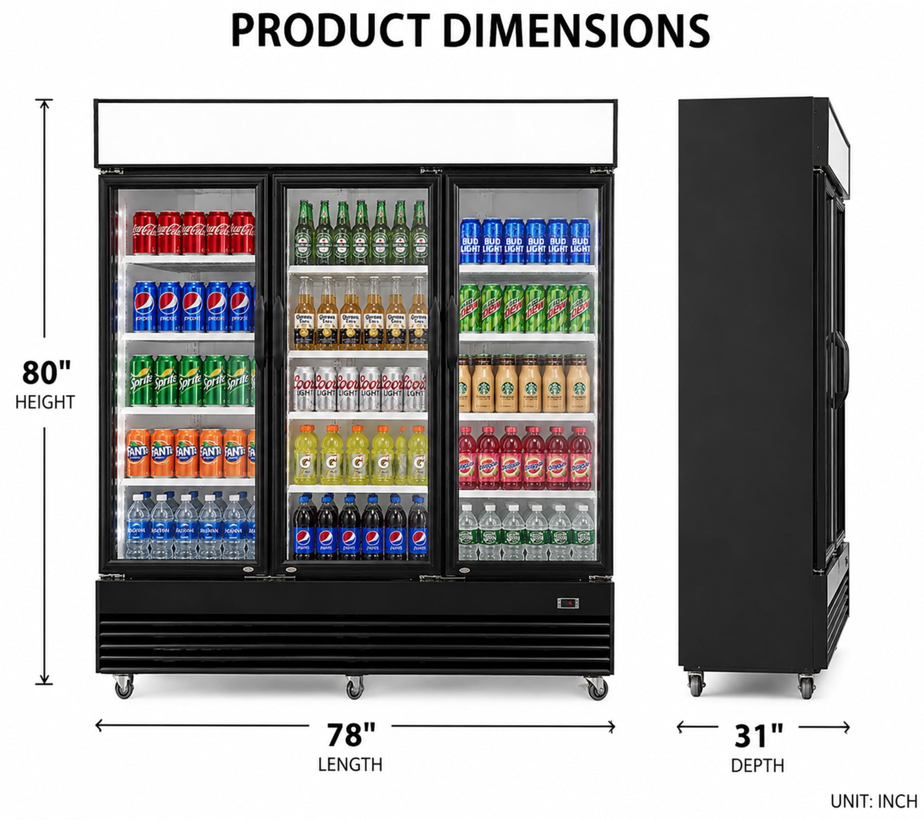 78 Inch Commercial 3 Glass Door Merchandiser Refrigerator 69 Cu Ft Beverage Display Cooler NSF ETL Certified Black