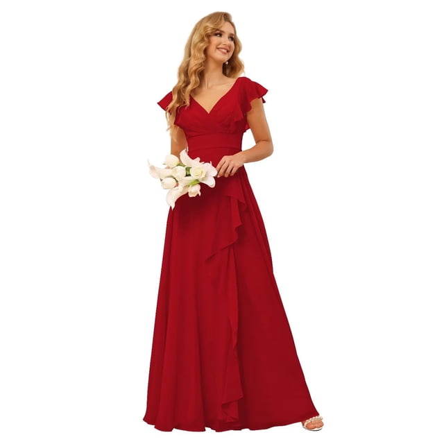 Vestido de dama de honor TIRAS con volantes en chifón rojo en A, talla grande