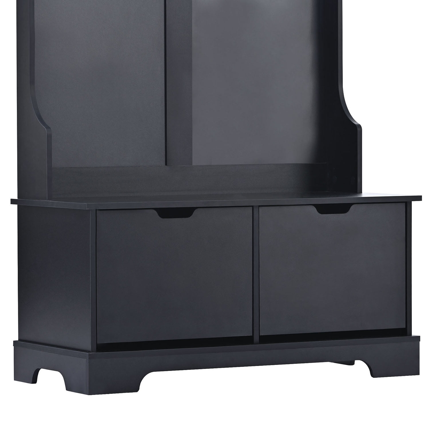 Kadyn All in One Hall Tree, Wide Hall Tree with 3 Top Shelves and 2 Flip Shoe Storage Drawers, Mudroom Hall Tree with Storage Bench and Metal Hanging Hooks, Black