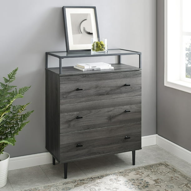 Modern Glass Top 3Drawer Slate Grey Storage by Manor Park