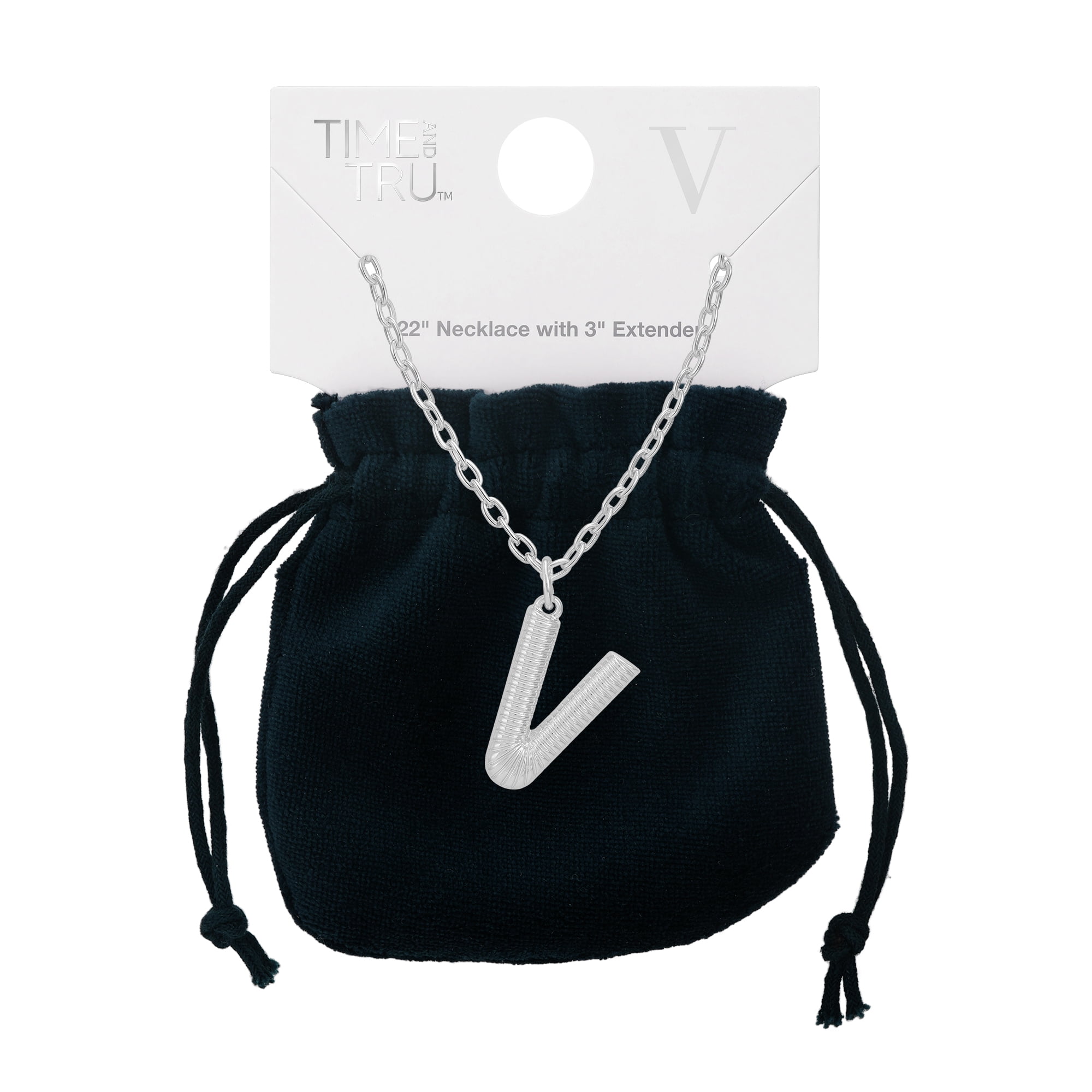 Time and Tru Women's Silvertone Initial V Necklace with Giftable Pouch