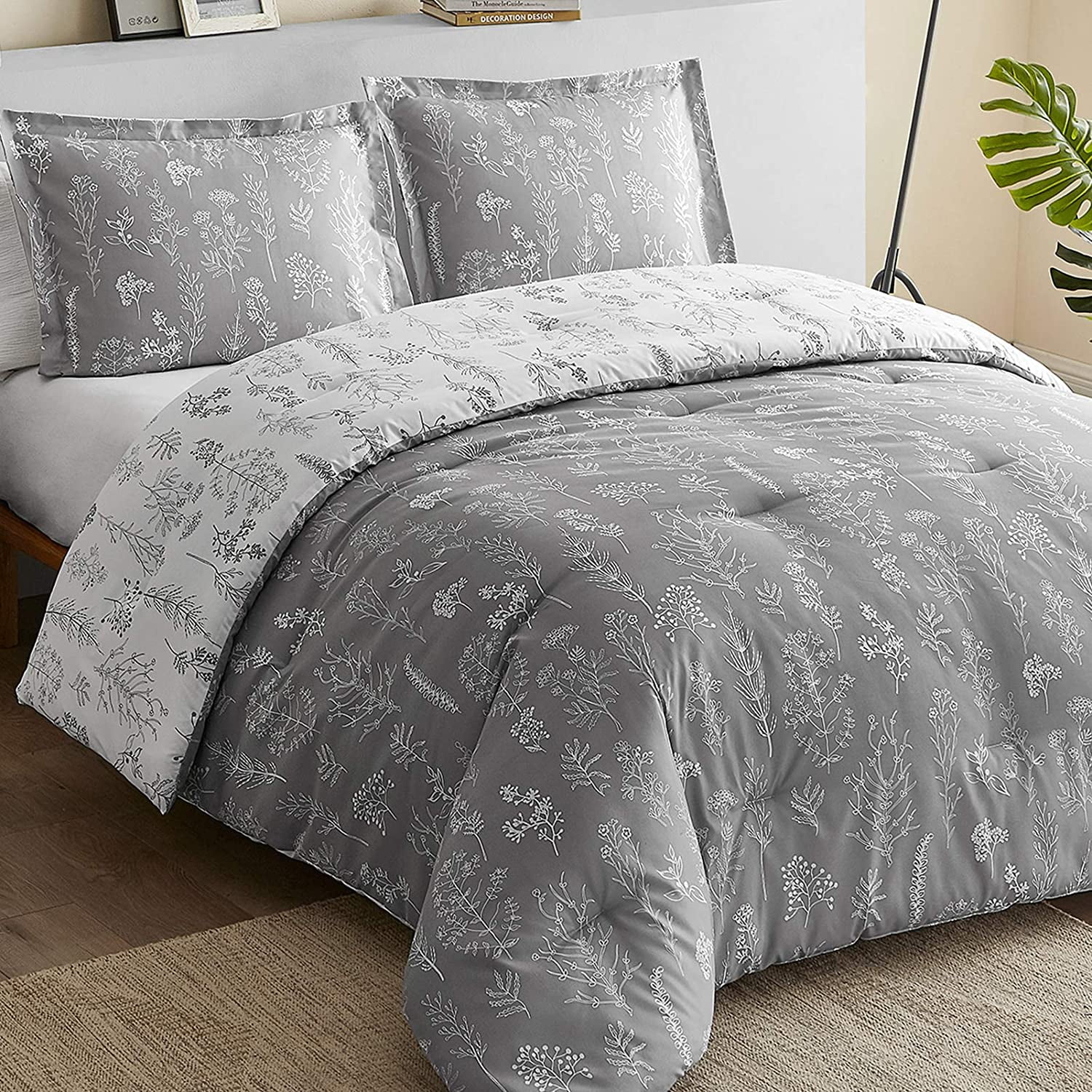 Floral Queen Comforter Set Reversible Flowers and Plants Printed