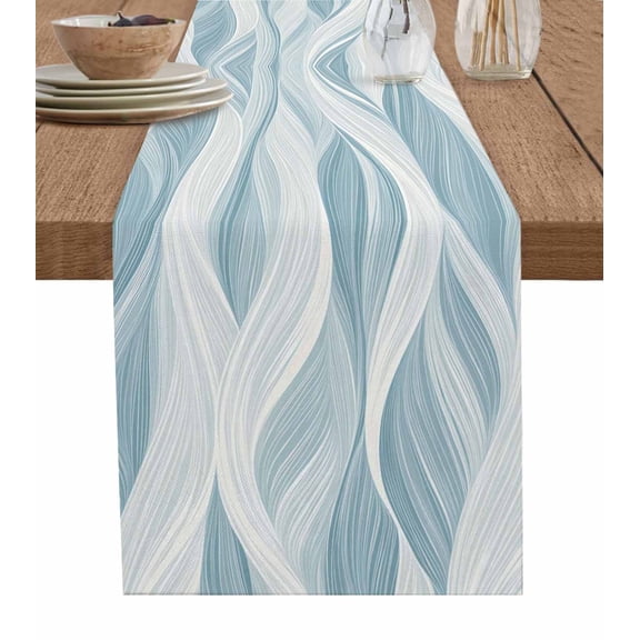 Hokiten Table Runners 108 Inches Long Dress Scarves, White Blue Ombre Stripe Farmhouse Coffee/Dining/Kitchen Table Runner for Living Room, Modern Abstract Moire Waves 13x108 Inch