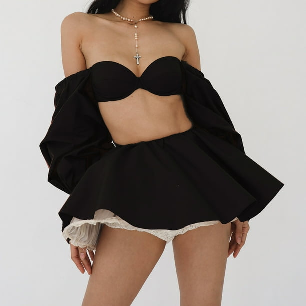 Top corto de verano para mujer + Mini falda manga farol conjuntos de falda corta ropa de discoteca de moda FLhrweasw Nuevo
