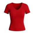 thumbnail image 6 of TODOZO Womens Short Sleeve T-Shirt Short Sleeve Shirt Comfy Pullover Blouse Going Out Tops Cute Gym Workout Clothes V Neck T-Shirts Ribbed T-Shirt Undershirts Fitted Stretchy Tee Tops Red 2XL, 6 of 7