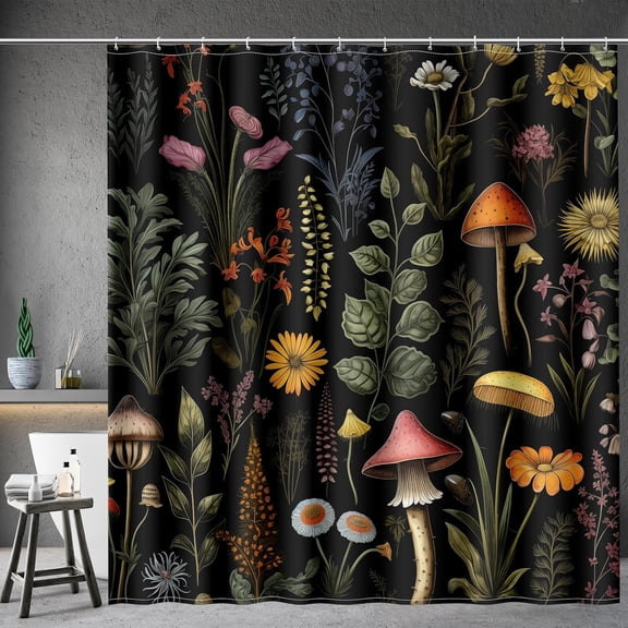 Aimego Mushroom Floral Shower Curtain - Boho Vintage Plants Flowers Retro Bohemian Botanical Nature Bath Shower Curtain Set with 12 Hooks for Adults Bathroom Decor Accessories, 72"x72" Black
