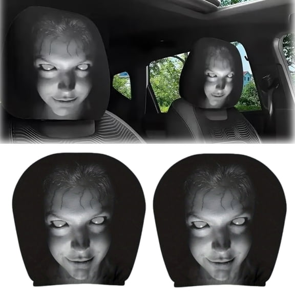 Ghost Face Headrest Covers, Scary Covers for Cars, Stretchy Seat Headrest Protector, Funny Cover for Auto, Vehicle, Truck, SUV, Washable Elastic Fabric, Interior Accessories