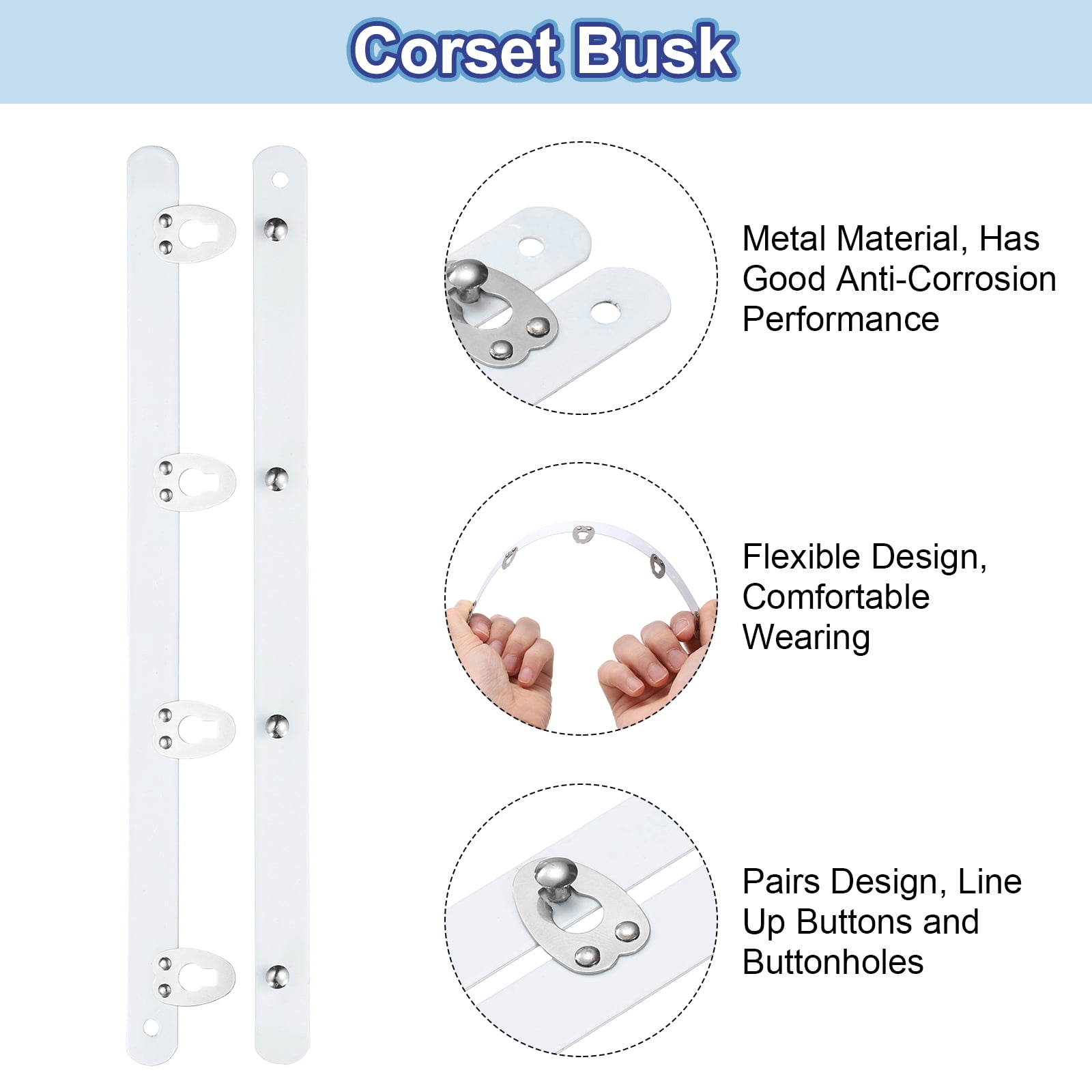 8 Pairs Corset Busk, 8" Metal Spring Steel Boning Support with 4 Buttons 0.5 Width