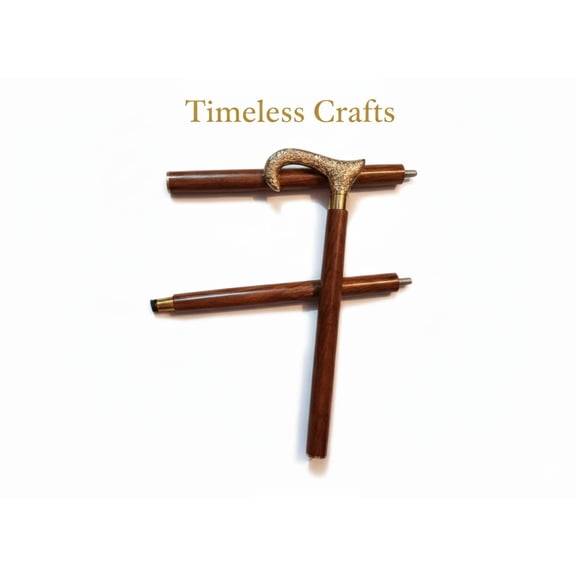 Vintage Victorian Style Solid Brass Handle Walking Stick Three-Fold Wooden Cane with Classic Design Perfect for Collectors and Daily Use