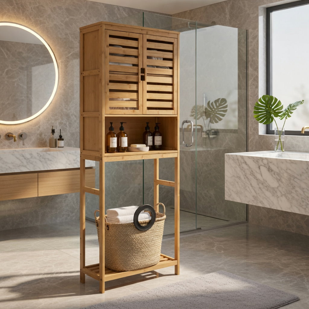 Hommoo Bamboo Over-the-Toilet Storage Cabinet with Adjustable Shelf, Ventilated Louvered Doors & Wall-Stabilizing Anti-Tip Kit Bathroom Organizer, Natural