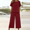 thumbnail image 3 of ZQUUVOU Women's Solid 2 Piece Set Cotton Linen Short Sleeve Loose Round Neck Summer Tops Pants with Pocket Burgundy A, 3 of 8