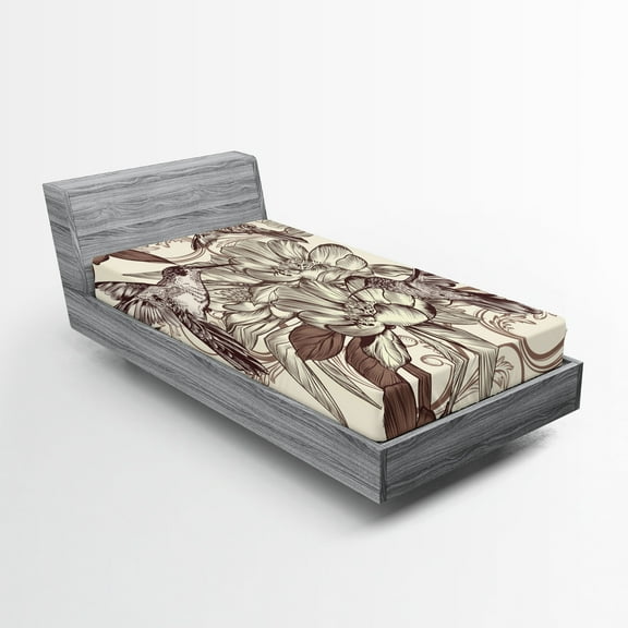 Ambesonne Hummingbirds Fitted Sheet, Bird Flowers Pattern, Twin Size, Ivory Brown