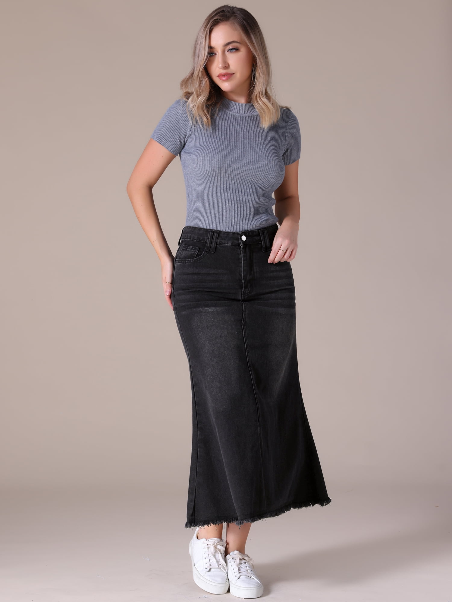 Unique Bargains Women's Long Denim Skirts Split A-Line Fishtail Jean Skirt M Black