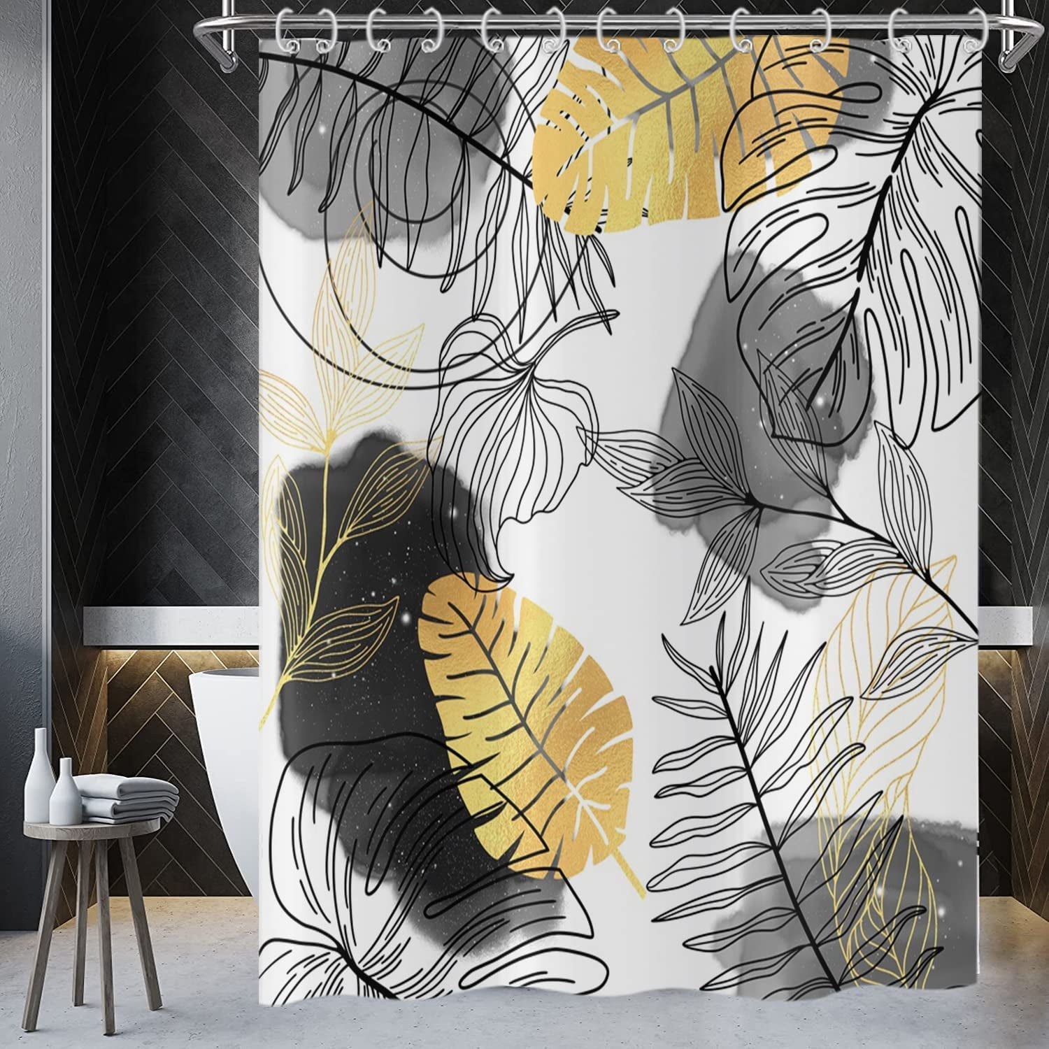 Black Boho Chic Shower Curtain, Abstract Aesthetic Tropical Leaf with
