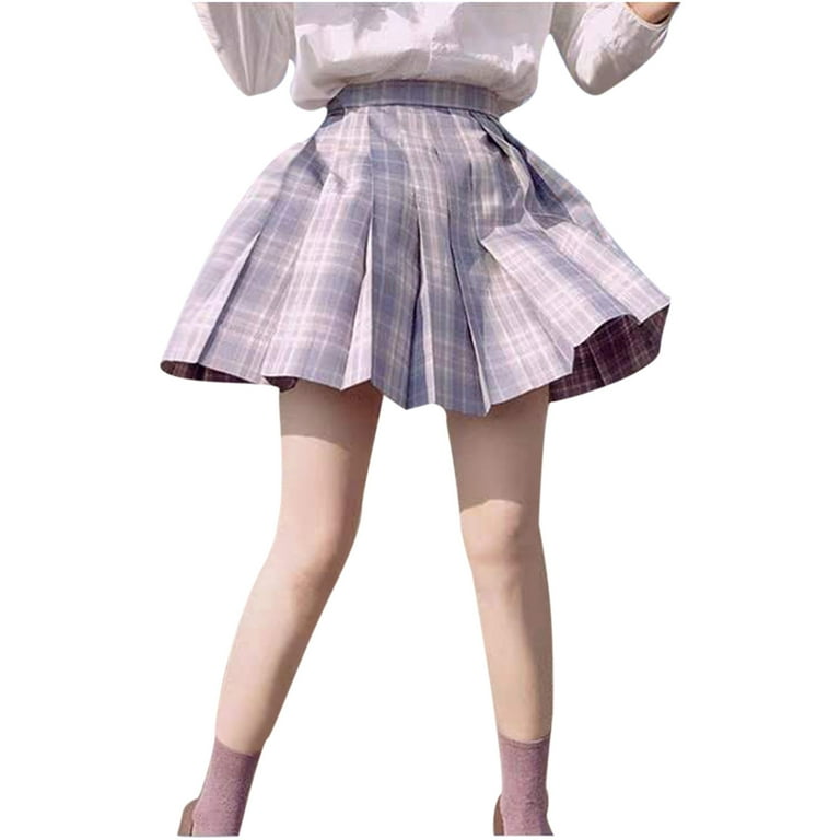 YWDJ Pleated Skirts for Women Fashion Plaid Pleated A Line Skirt Anti Burnout High Waist Short Skirt Purple L