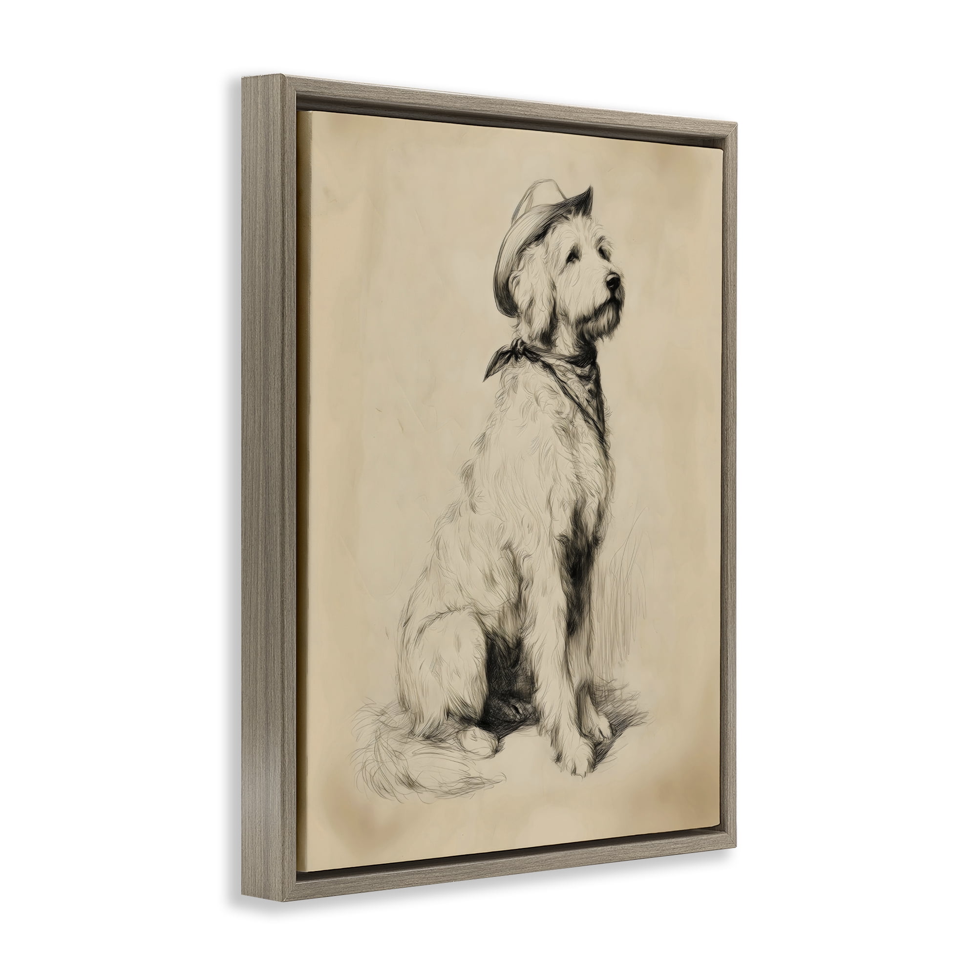 Stupell Industries Cowboy Goldendoodle Sketch Brown Framed Floater Canvas Wall Art, design by Arlington Prints