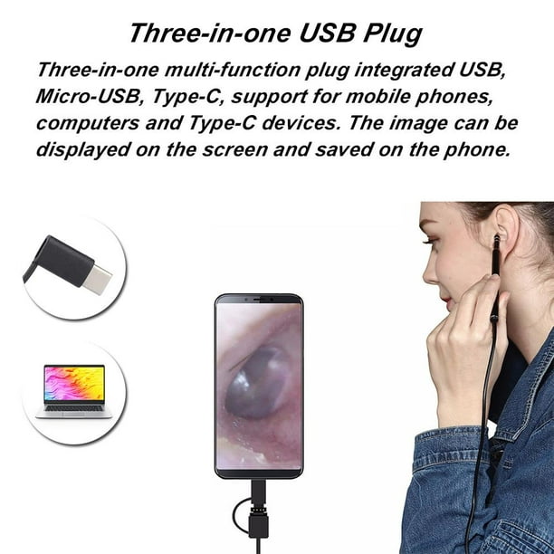 Cergrey 3-en-1 mini oreille visuelle USB HD endoscope caméra nettoyage d'oreille  oreille nettoyage 5.5mm, otoscope nettoyage d'oreille, mini-endoscope oreille  USB 
