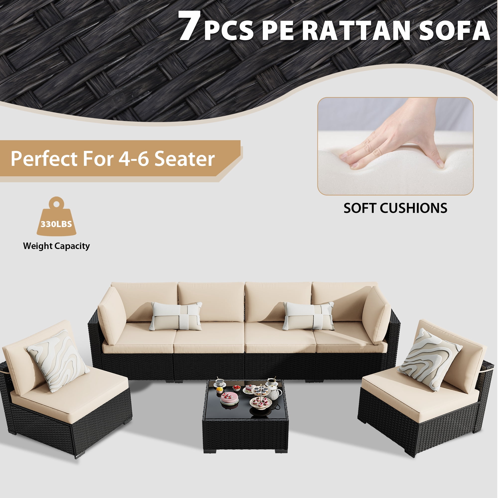 KIGOTY 7 Piece Outdoor Patio Furniture, Wicker Rattan Outdoor Conversation Set Sectional Sofas for Backyard, Garden, Black-White