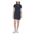 thumbnail image 1 of CALVIN KLEIN Womens Blue Zippered Pocketed Keyhole Front Short Sleeve Mock Neck Short A-Line Dress Petites 6P, 1 of 4