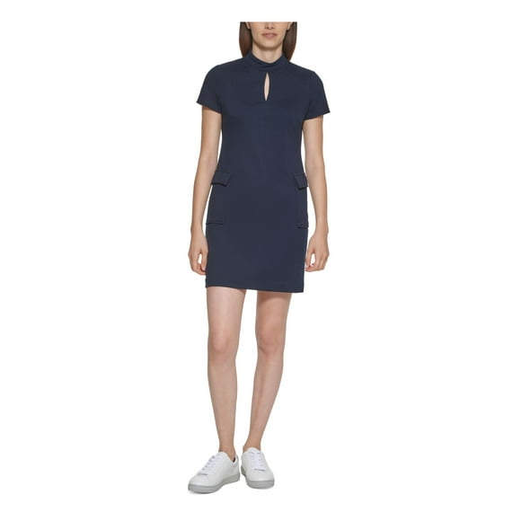 CALVIN KLEIN Womens Blue Zippered Pocketed Keyhole Front Short Sleeve Mock Neck Short A-Line Dress Petites 6P